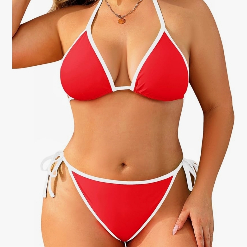 Classic Red Triangle Bikini with White Trim